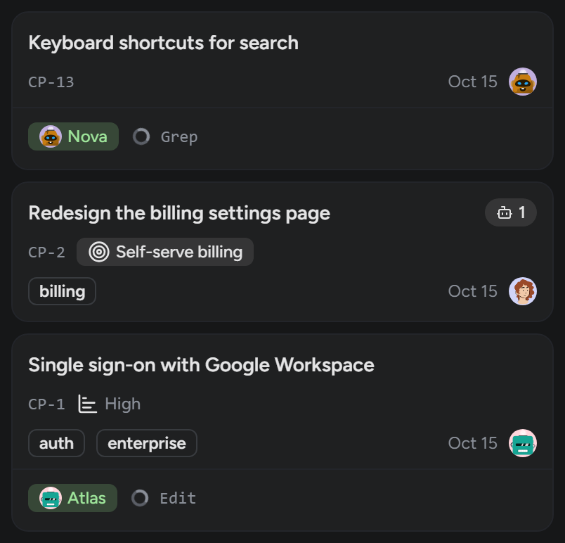 Three cards on the board. On two of them an agent is working, Nova on one and Atlas on the other: the tool shown under each name changes as they work.