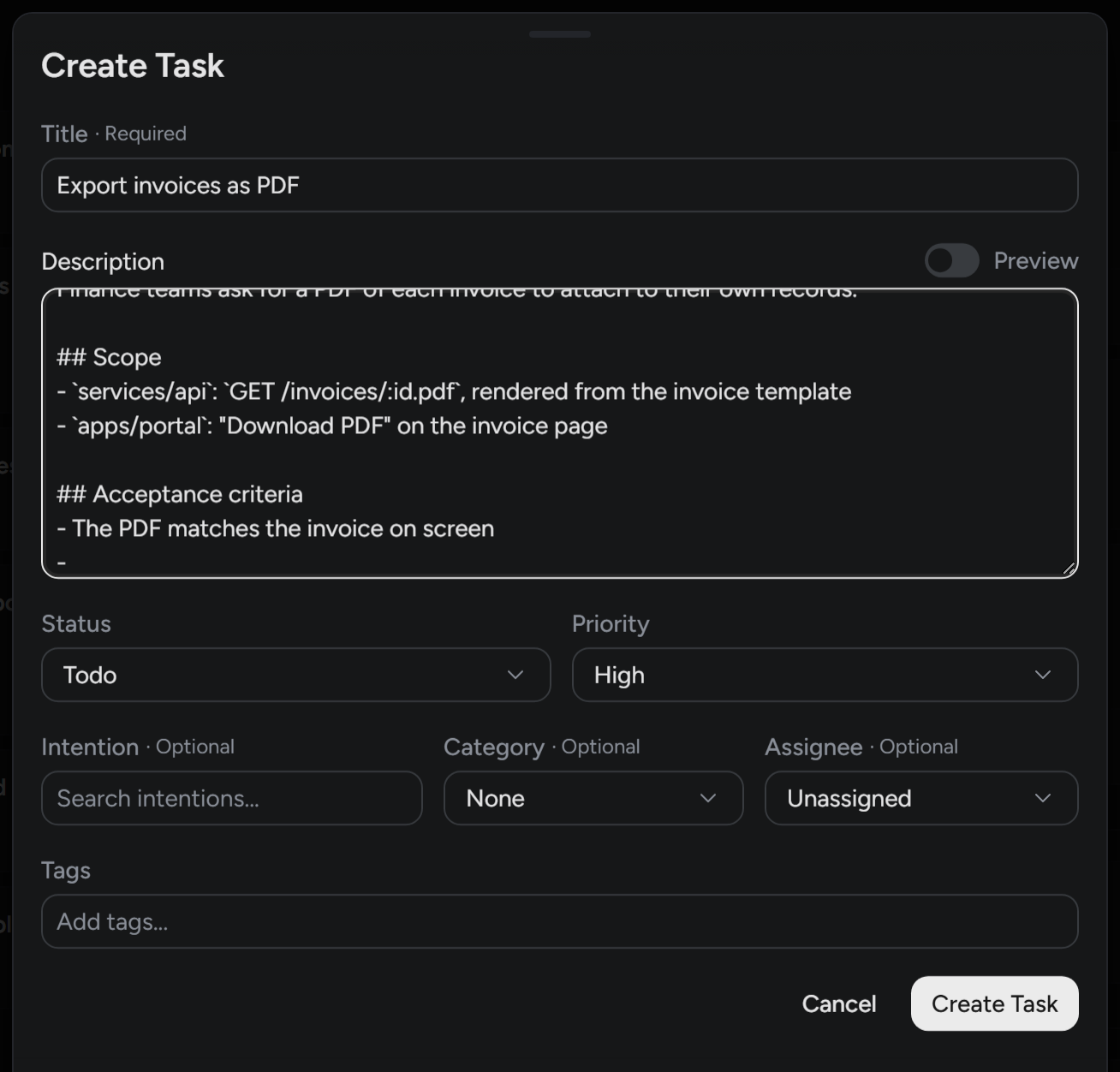 A task being created: the end of its description is typed, the list of assignees opens, and an agent is chosen.