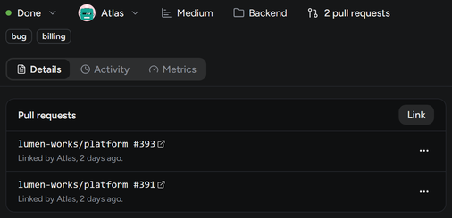 A task that is done, with 2 pull requests in its header and both listed at the top of its details, linked by the agent Atlas.
